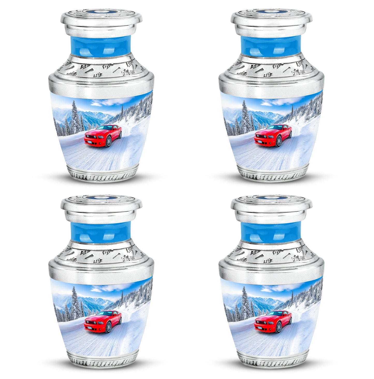 Soft Blue Car Cremation Urn back view with polished surface - stylized abstract car pattern with bold lines - 10 inch aluminum urn for cremated remains