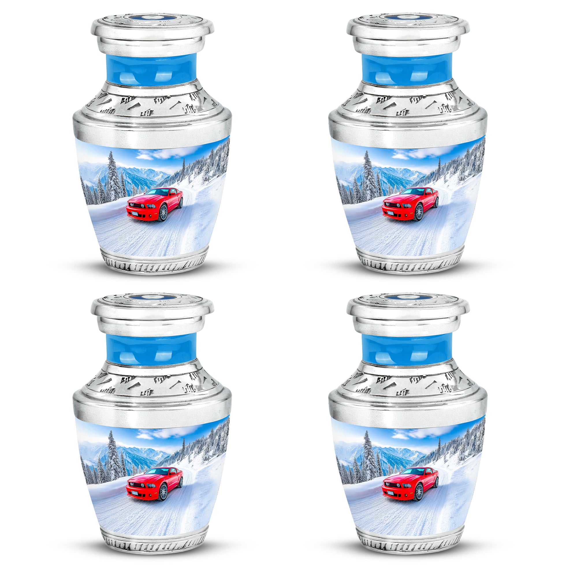 Soft Blue Car Cremation Urn back view with polished surface - stylized abstract car pattern with bold lines - 10 inch aluminum urn for cremated remains