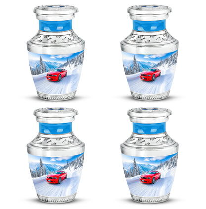 Soft Blue Car Cremation Urn back view with polished surface - stylized abstract car pattern with bold lines - 10 inch aluminum urn for cremated remains