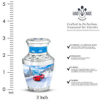 Serene Blue Car Cremation Urn top-down view of secure threaded lid - artistic car interpretation with creative detail - mini keepsake memorial for portion of cremation ashes