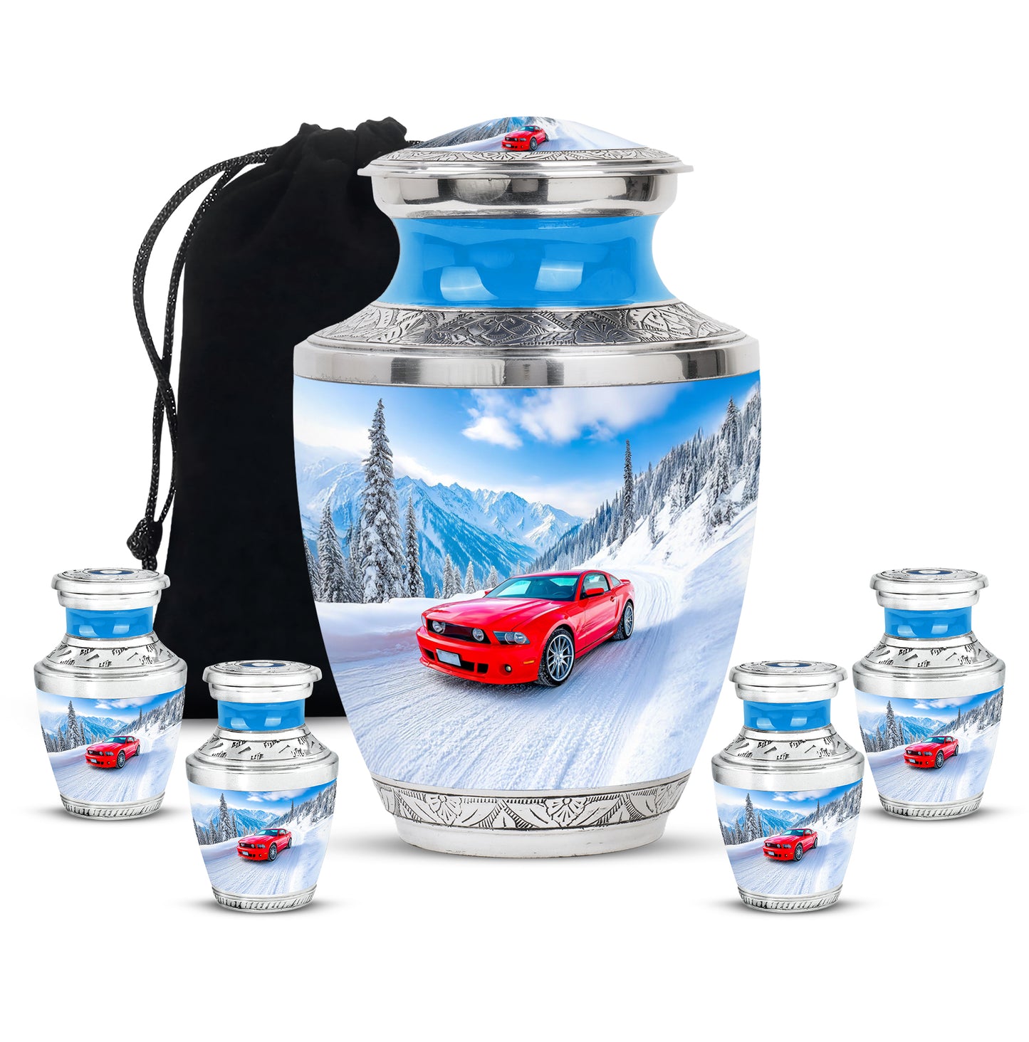 Vivid Blue Car Cremation Urn lifestyle display on memorial shelf - stylized abstract car pattern with bold lines - memorial set with one large and four small urns