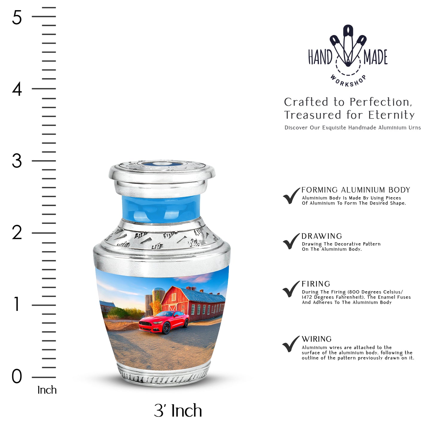 Cornflower Blue Car Cremation Urn top-down view of secure threaded lid - stylized abstract car pattern with bold lines - mini keepsake memorial for portion of cremation ashes