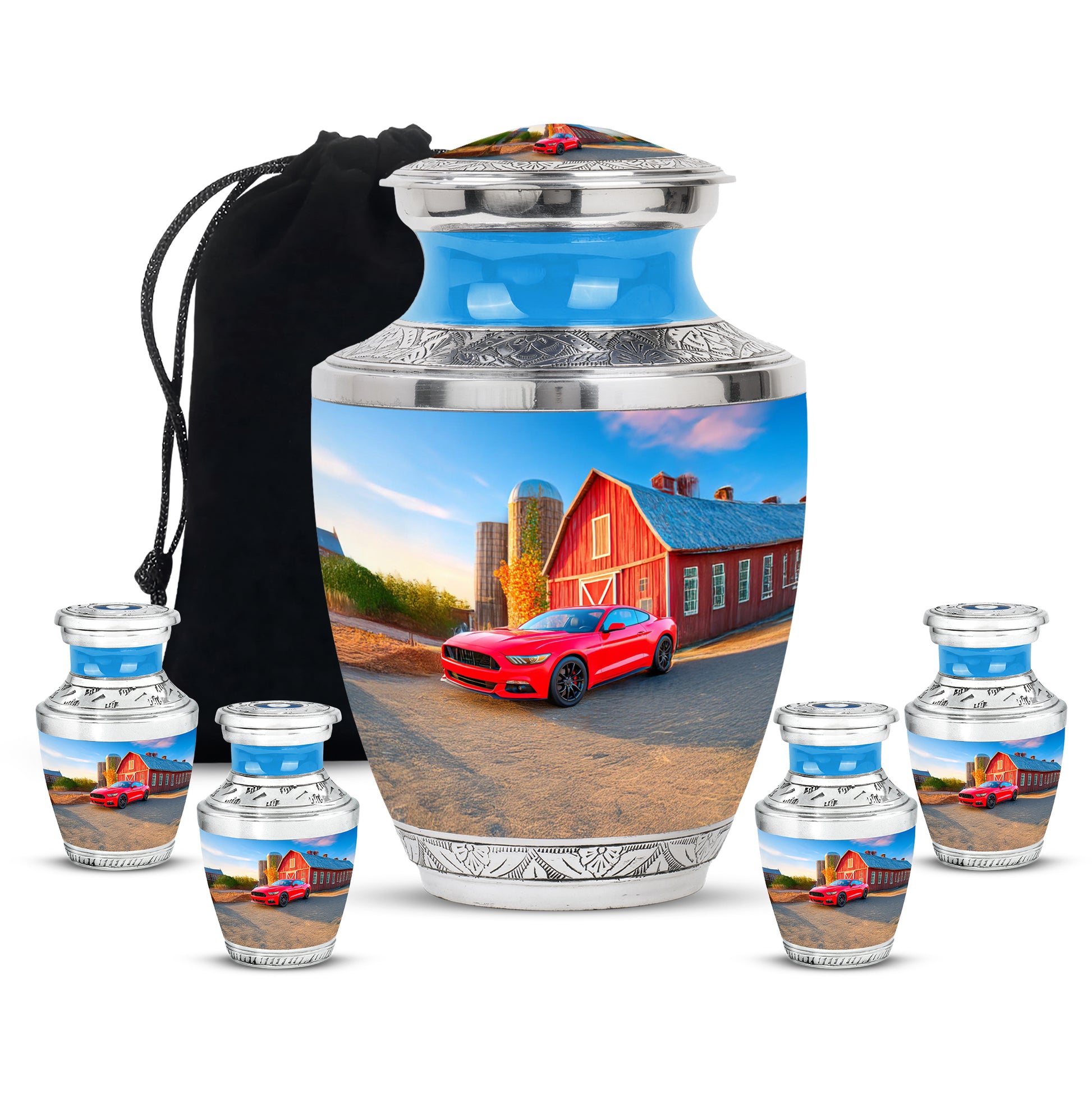 Cobalt Blue Car Cremation Urn lifestyle display on memorial shelf - artistic car interpretation with creative detail - memorial set with one large and four small urns