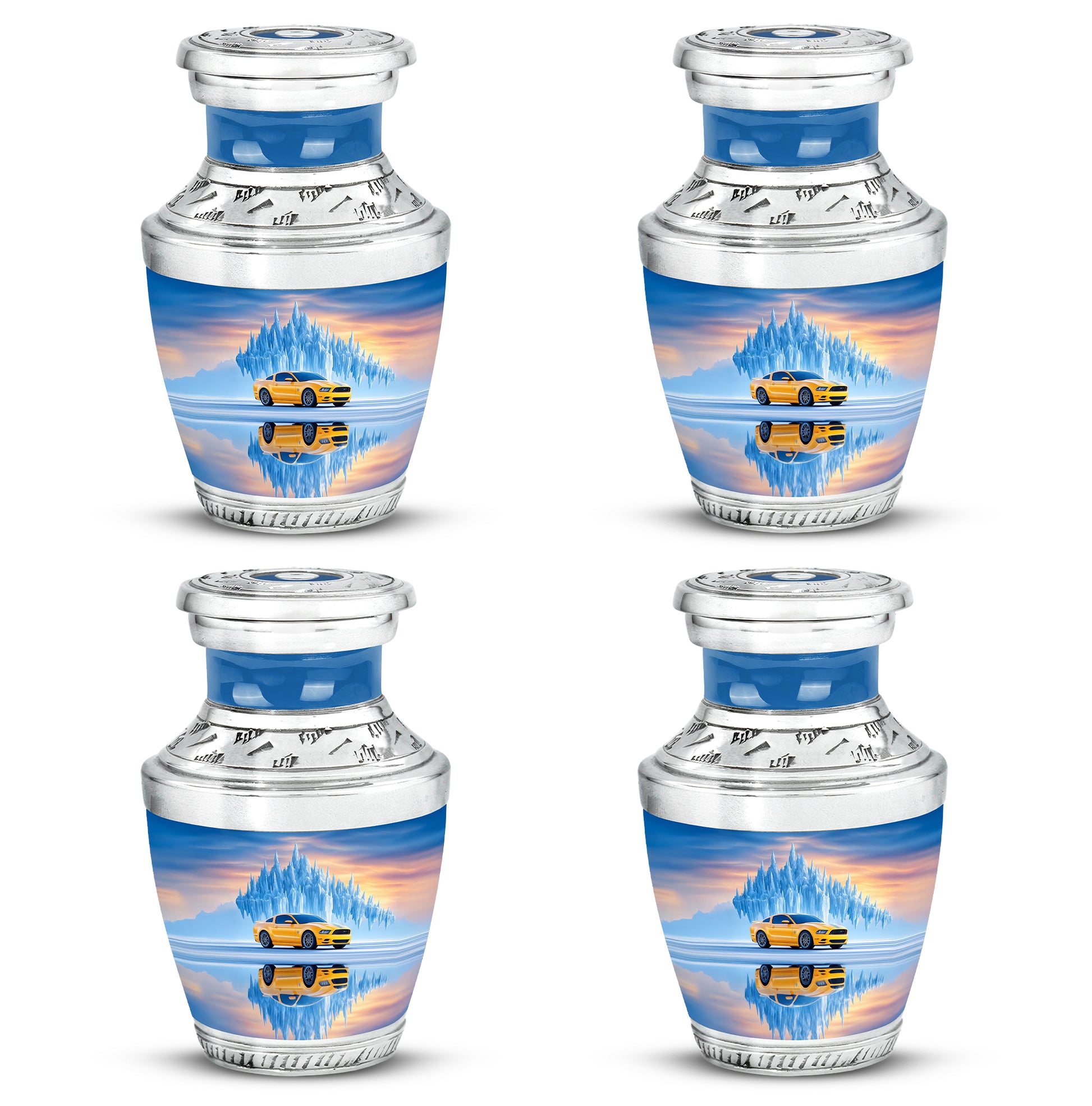 Icy Blue Car Cremation Urn back view with polished surface - contemporary car design with modern artistic flair - 10 inch aluminum urn for cremated remains