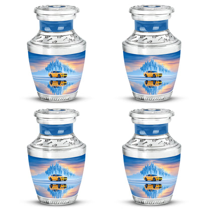 Icy Blue Car Cremation Urn back view with polished surface - contemporary car design with modern artistic flair - 10 inch aluminum urn for cremated remains