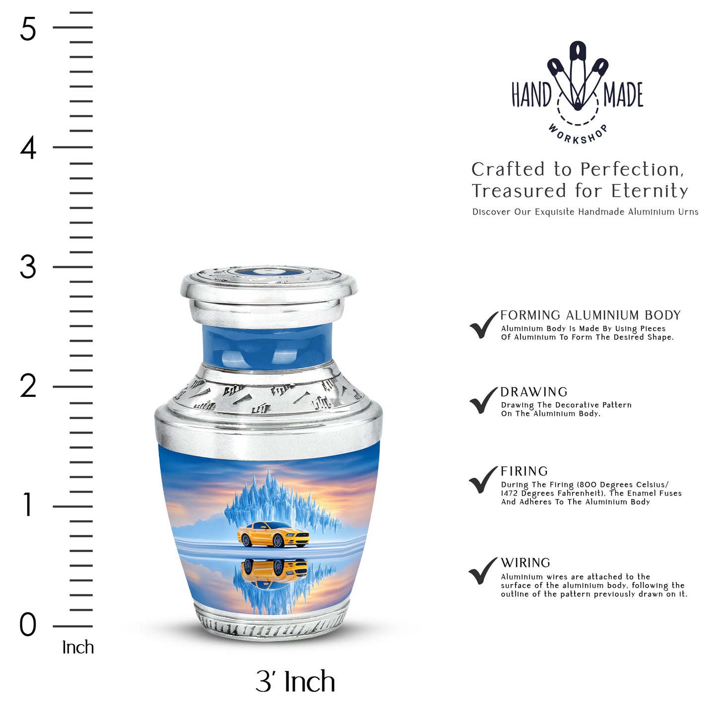 Twilight Blue Car Cremation Urn top-down view of secure threaded lid - artistic car interpretation with creative detail - mini keepsake memorial for portion of cremation ashes