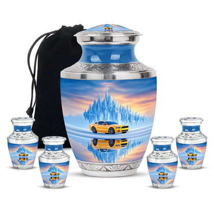 Icy Blue Car Cremation Urn lifestyle display on memorial shelf - contemporary car design with modern artistic flair - memorial set with one large and four small urns
