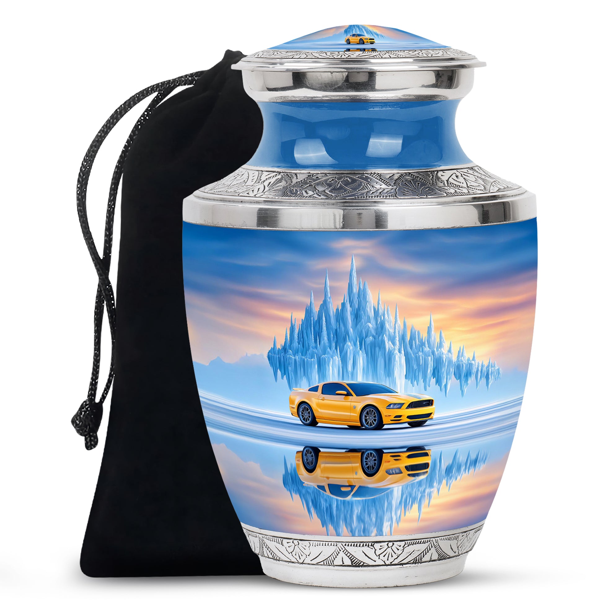 Azure Car Cremation Urn side profile showing urn shape - contemporary car design with modern artistic flair - full-size 10 inch 200 cubic inch adult cremation urn