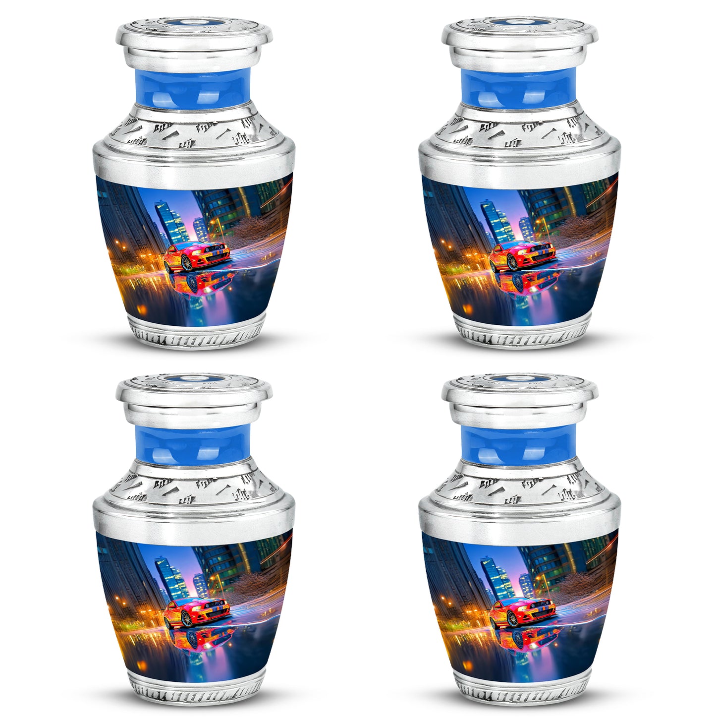 Sapphire Blue Car Cremation Urn back view with polished surface - stylized abstract car pattern with bold lines - 10 inch aluminum urn for cremated remains