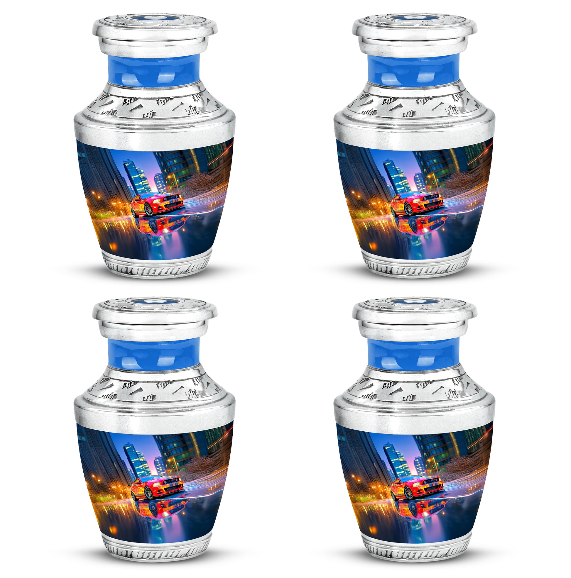 Sapphire Blue Car Cremation Urn back view with polished surface - stylized abstract car pattern with bold lines - 10 inch aluminum urn for cremated remains