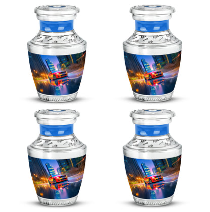 Sapphire Blue Car Cremation Urn back view with polished surface - stylized abstract car pattern with bold lines - 10 inch aluminum urn for cremated remains