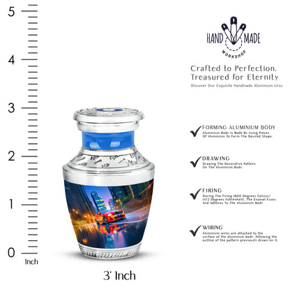Cornflower Blue Car Cremation Urn top-down view of secure threaded lid - stylized abstract car pattern with bold lines - mini keepsake memorial for portion of cremation ashes
