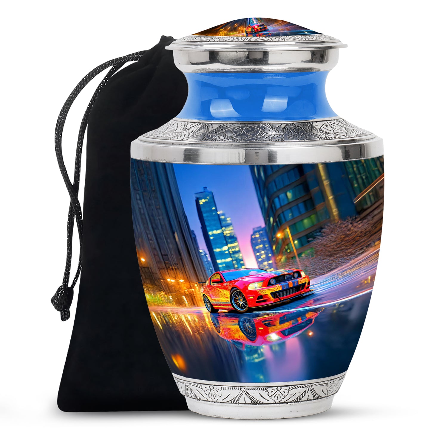 Twilight Blue Car Cremation Urn side profile showing urn shape - artistic car interpretation with creative detail - full-size 10 inch 200 cubic inch adult cremation urn