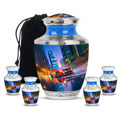 Icy Blue Car Cremation Urn lifestyle display on memorial shelf - contemporary car design with modern artistic flair - memorial set with one large and four small urns