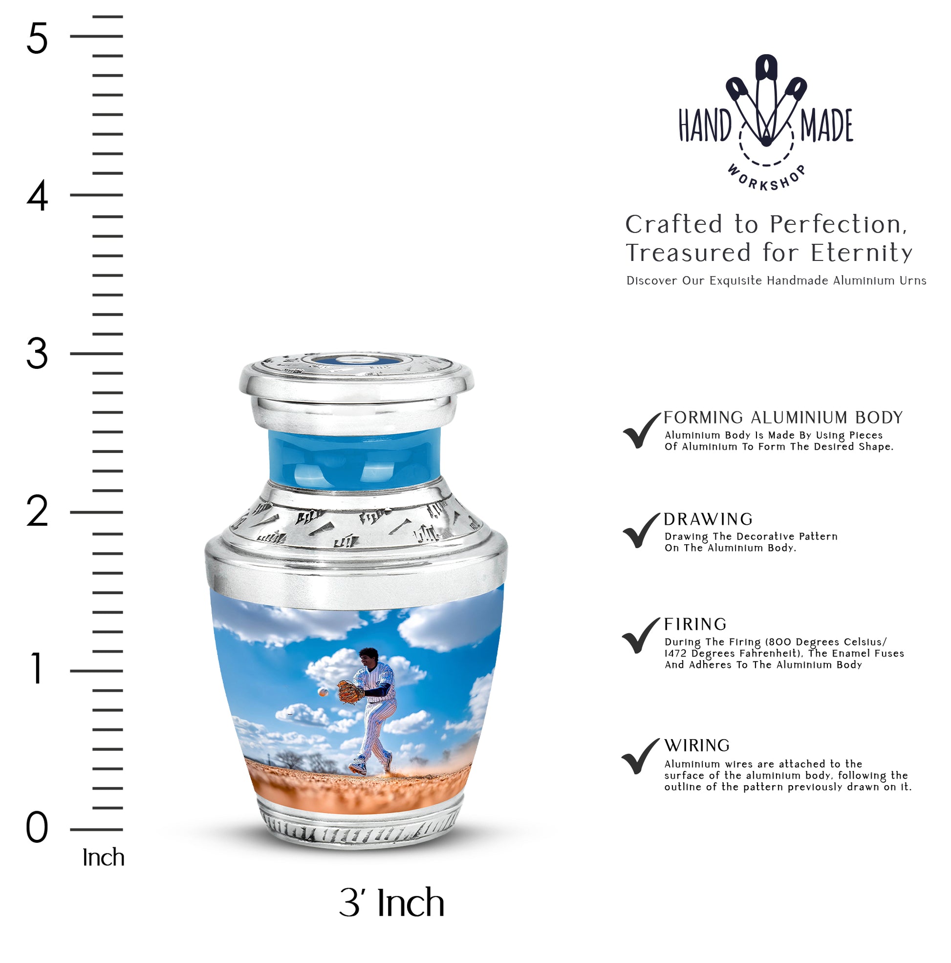 Twilight Blue Baseball Cremation Urn top-down view of secure threaded lid - artistic baseball interpretation with creative detail - mini keepsake memorial for portion of cremation ashes