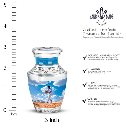 Twilight Blue Baseball Cremation Urn top-down view of secure threaded lid - artistic baseball interpretation with creative detail - mini keepsake memorial for portion of cremation ashes