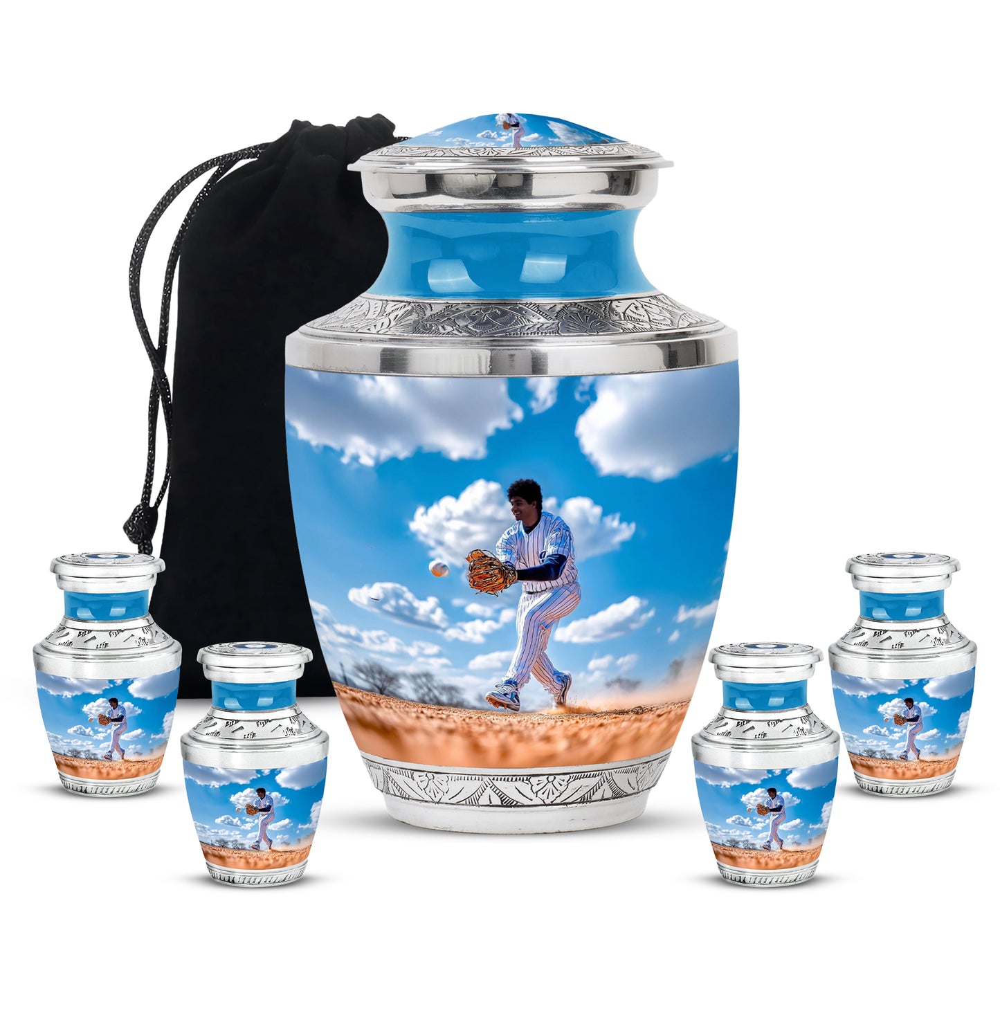 Twilight Blue Baseball Cremation Urn lifestyle display on memorial shelf - stylized abstract baseball pattern with bold lines - memorial set with one large and four small urns