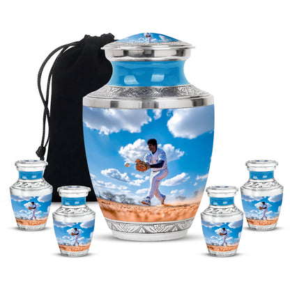 Twilight Blue Baseball Cremation Urn lifestyle display on memorial shelf - stylized abstract baseball pattern with bold lines - memorial set with one large and four small urns