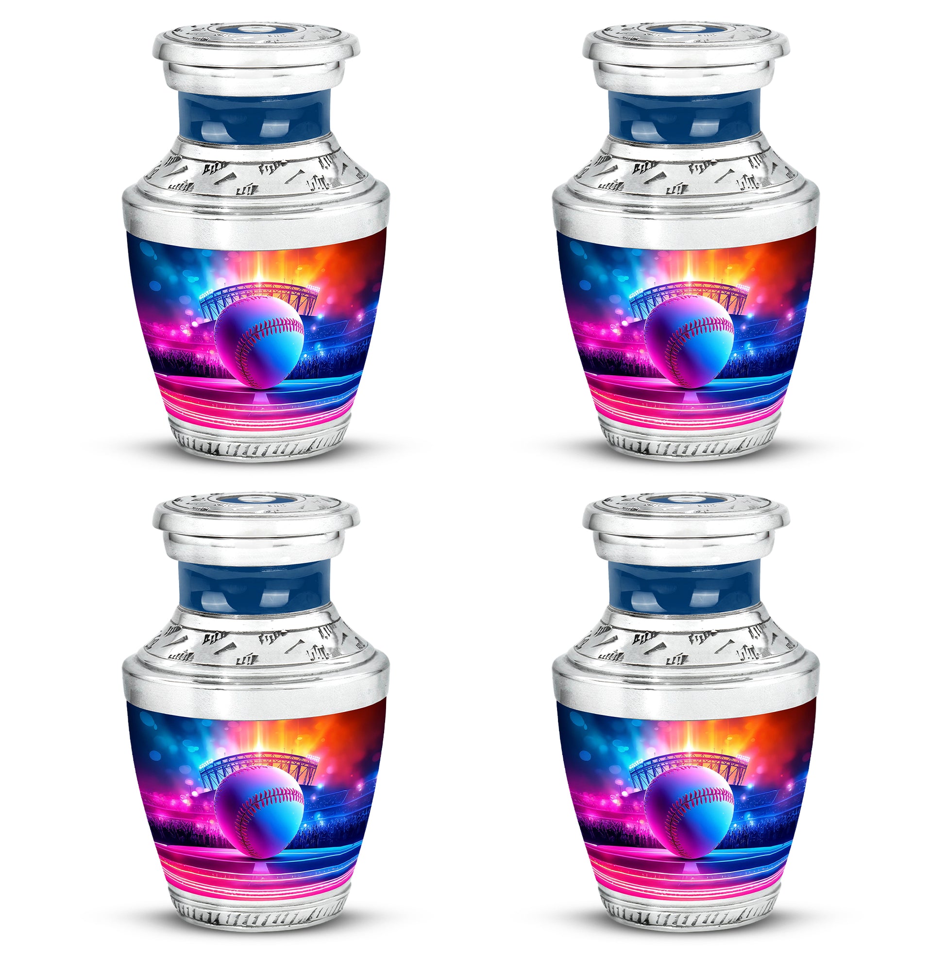 Soft Blue Baseball Cremation Urn back view with polished surface - artistic baseball interpretation with creative detail - 10 inch aluminum urn for cremated remains
