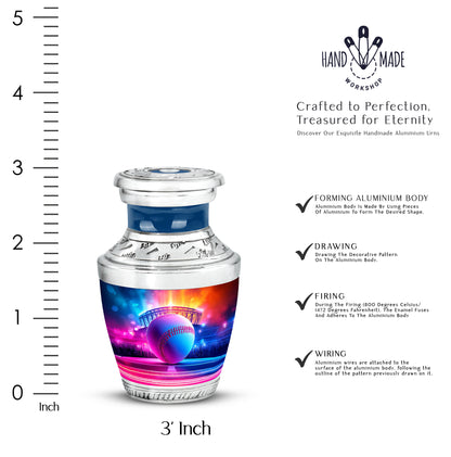 Sapphire Blue Baseball Cremation Urn top-down view of secure threaded lid - artistic baseball interpretation with creative detail - mini keepsake memorial for portion of cremation ashes
