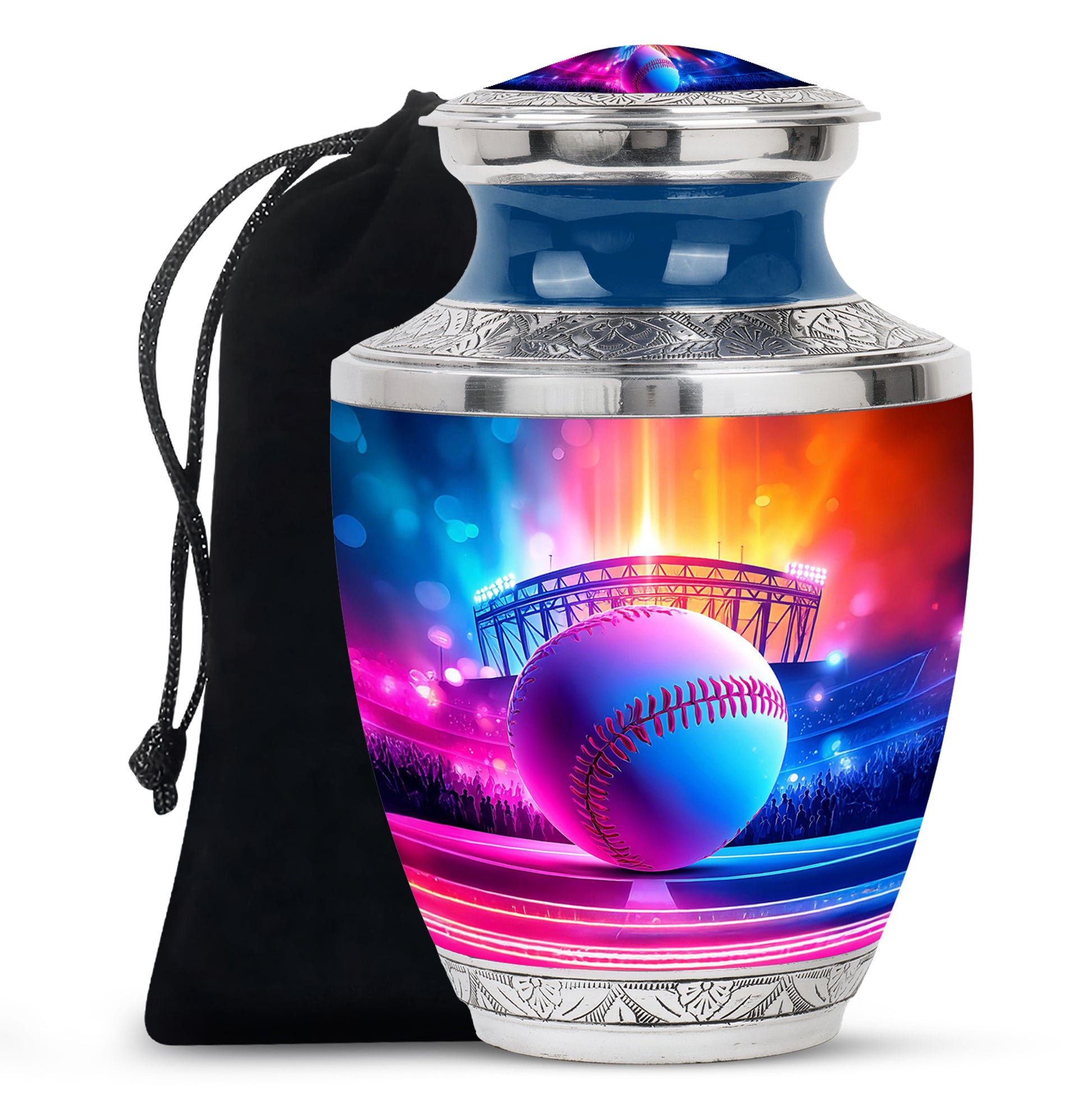 Sky Blue Baseball Cremation Urn side profile showing urn shape - modern art-inspired baseball motif on sleek aluminum - full-size 10 inch 200 cubic inch adult cremation urn