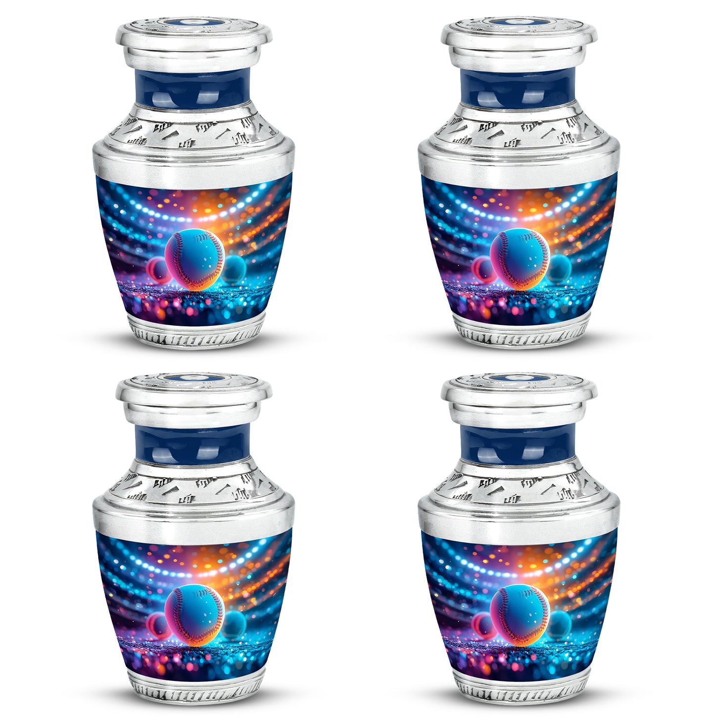 Cobalt Blue Baseball Cremation Urn back view with polished surface - artistic baseball interpretation with creative detail - 10 inch aluminum urn for cremated remains