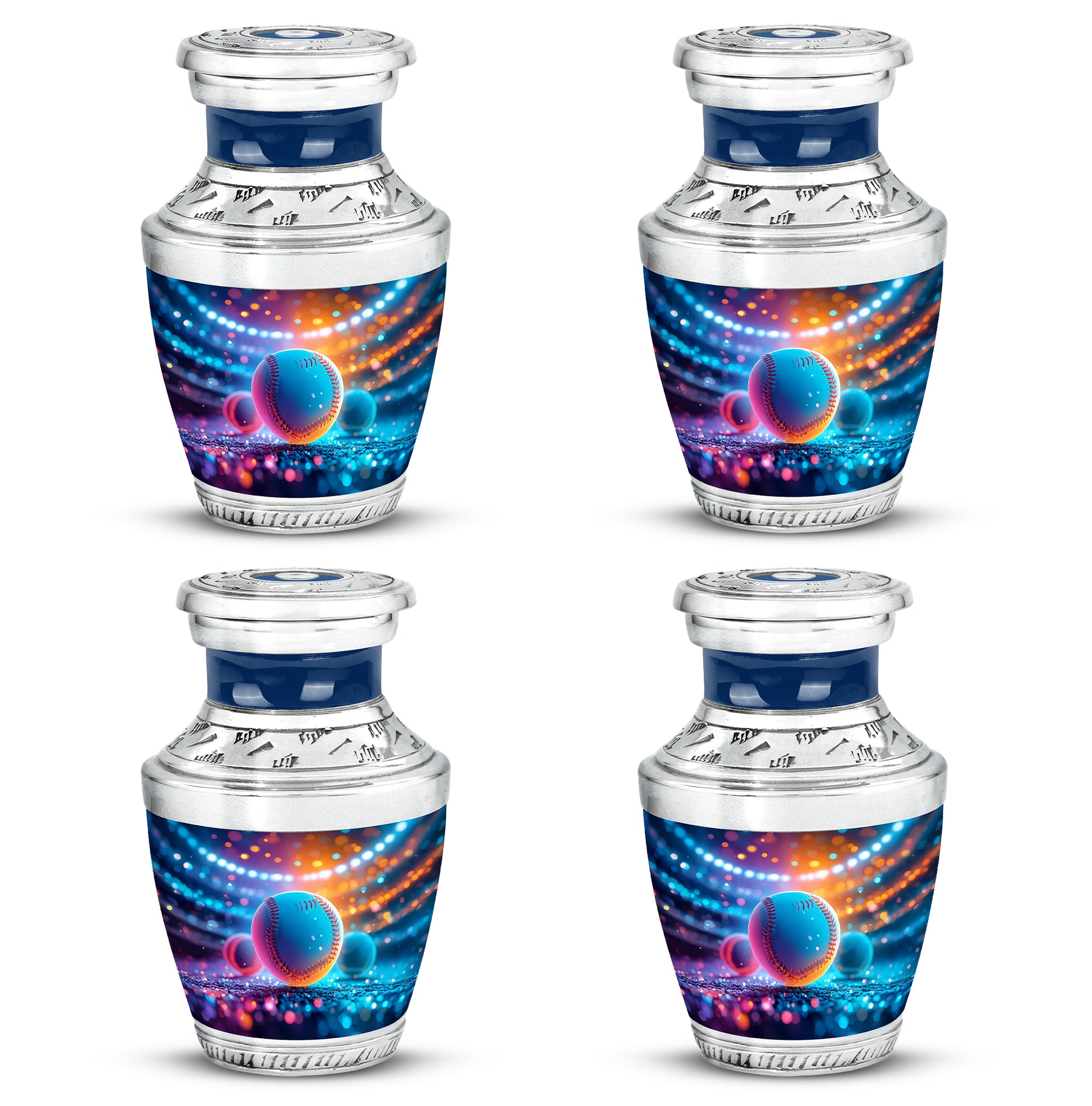 Cobalt Blue Baseball Cremation Urn back view with polished surface - artistic baseball interpretation with creative detail - 10 inch aluminum urn for cremated remains