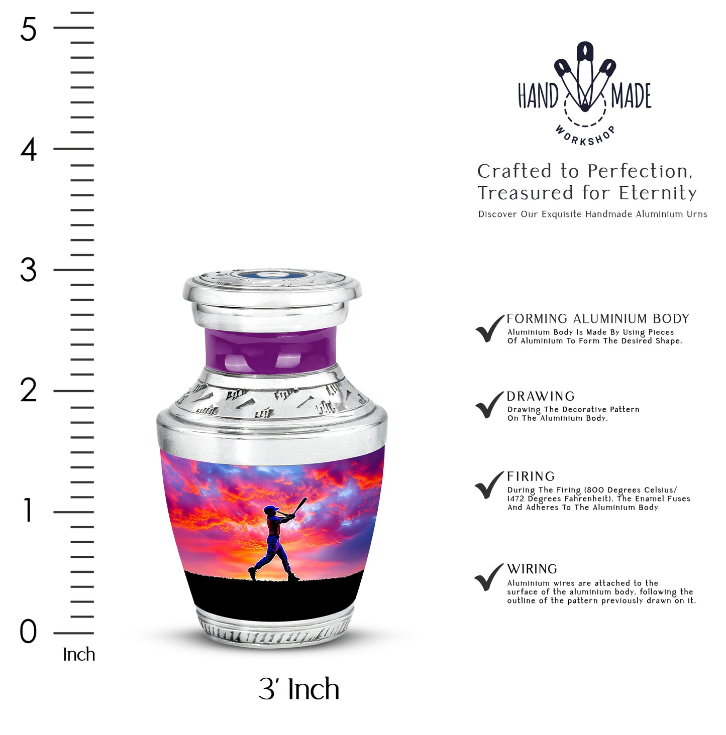 Deep Purple Baseball Cremation Urn top-down view of secure threaded lid - modern art-inspired baseball motif on sleek aluminum - mini keepsake memorial for portion of cremation ashes