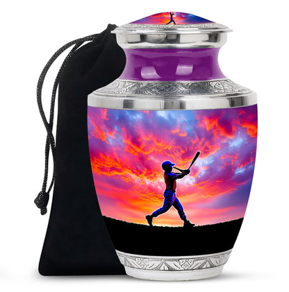Royal Purple Baseball Cremation Urn side profile showing urn shape - artistic baseball interpretation with creative detail - full-size 10 inch 200 cubic inch adult cremation urn