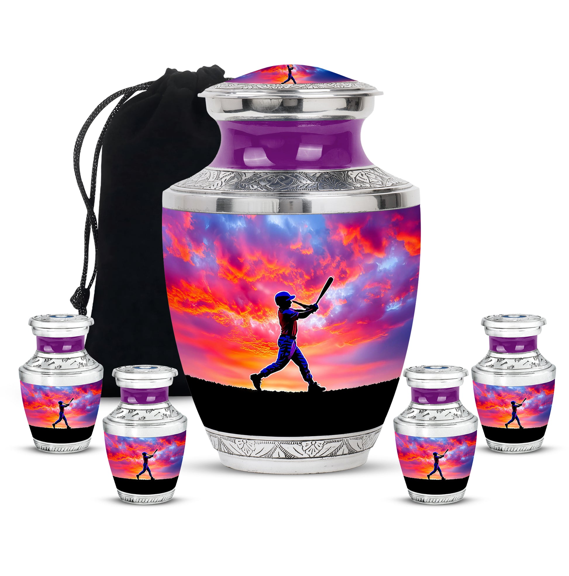 Violet Purple Baseball Cremation Urn lifestyle display on memorial shelf - stylized abstract baseball pattern with bold lines - memorial set with one large and four small urns