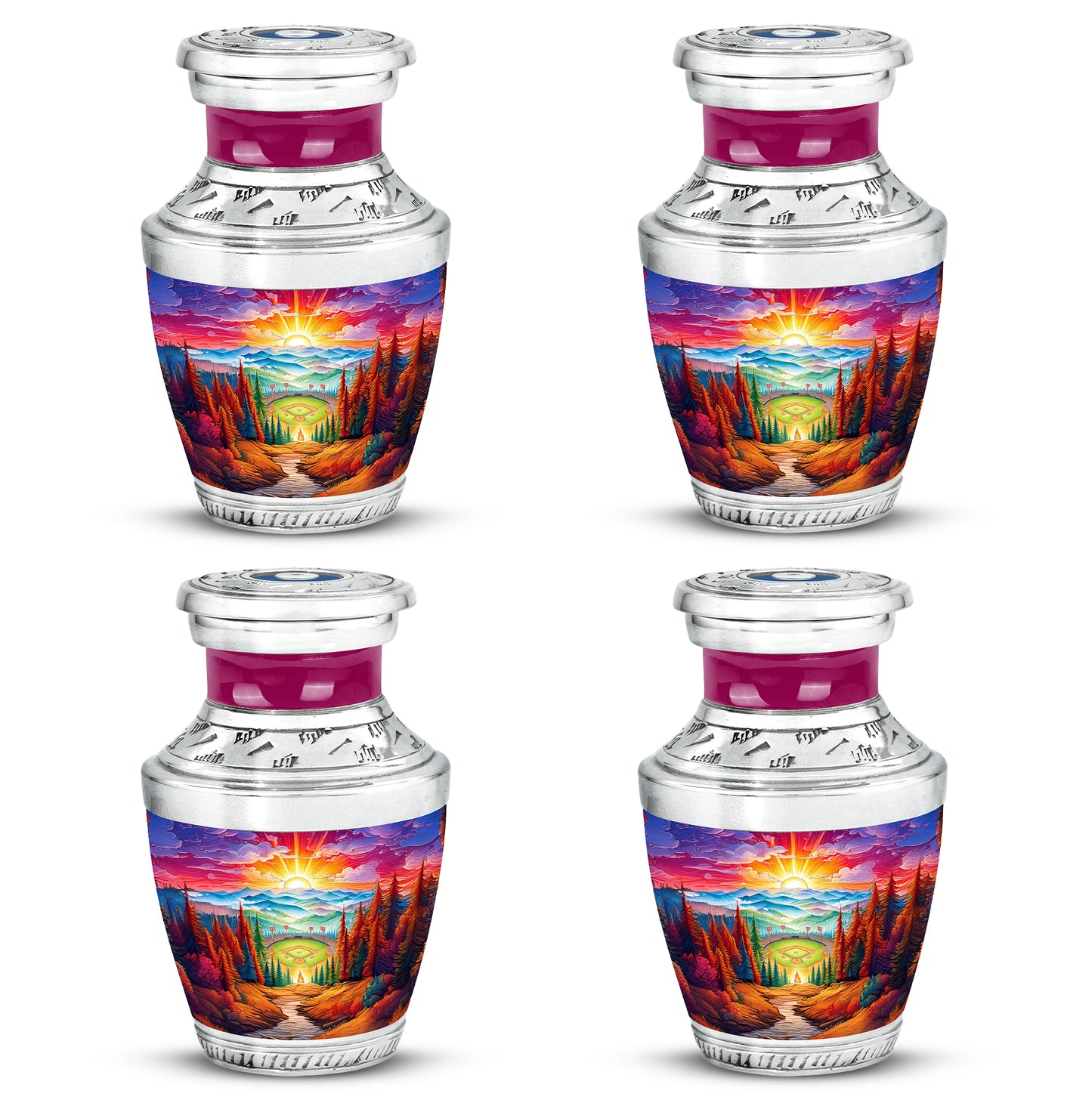 Scarlet Red Baseball Cremation Urn back view with polished surface - stylized abstract baseball pattern with bold lines - 10 inch aluminum urn for cremated remains