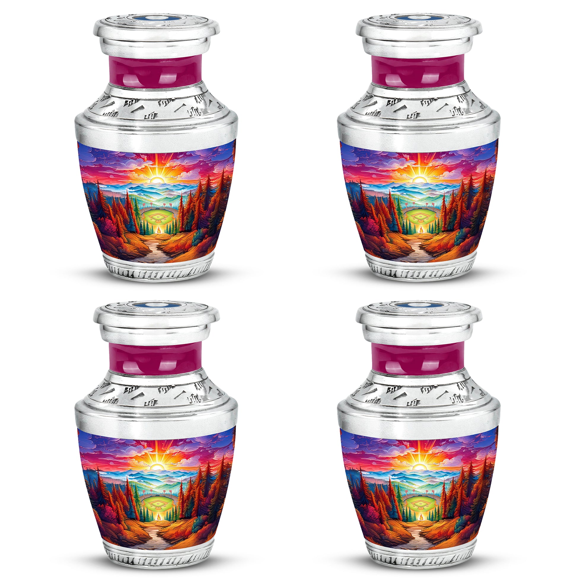Scarlet Red Baseball Cremation Urn back view with polished surface - stylized abstract baseball pattern with bold lines - 10 inch aluminum urn for cremated remains