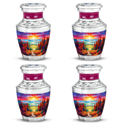 Scarlet Red Baseball Cremation Urn back view with polished surface - stylized abstract baseball pattern with bold lines - 10 inch aluminum urn for cremated remains