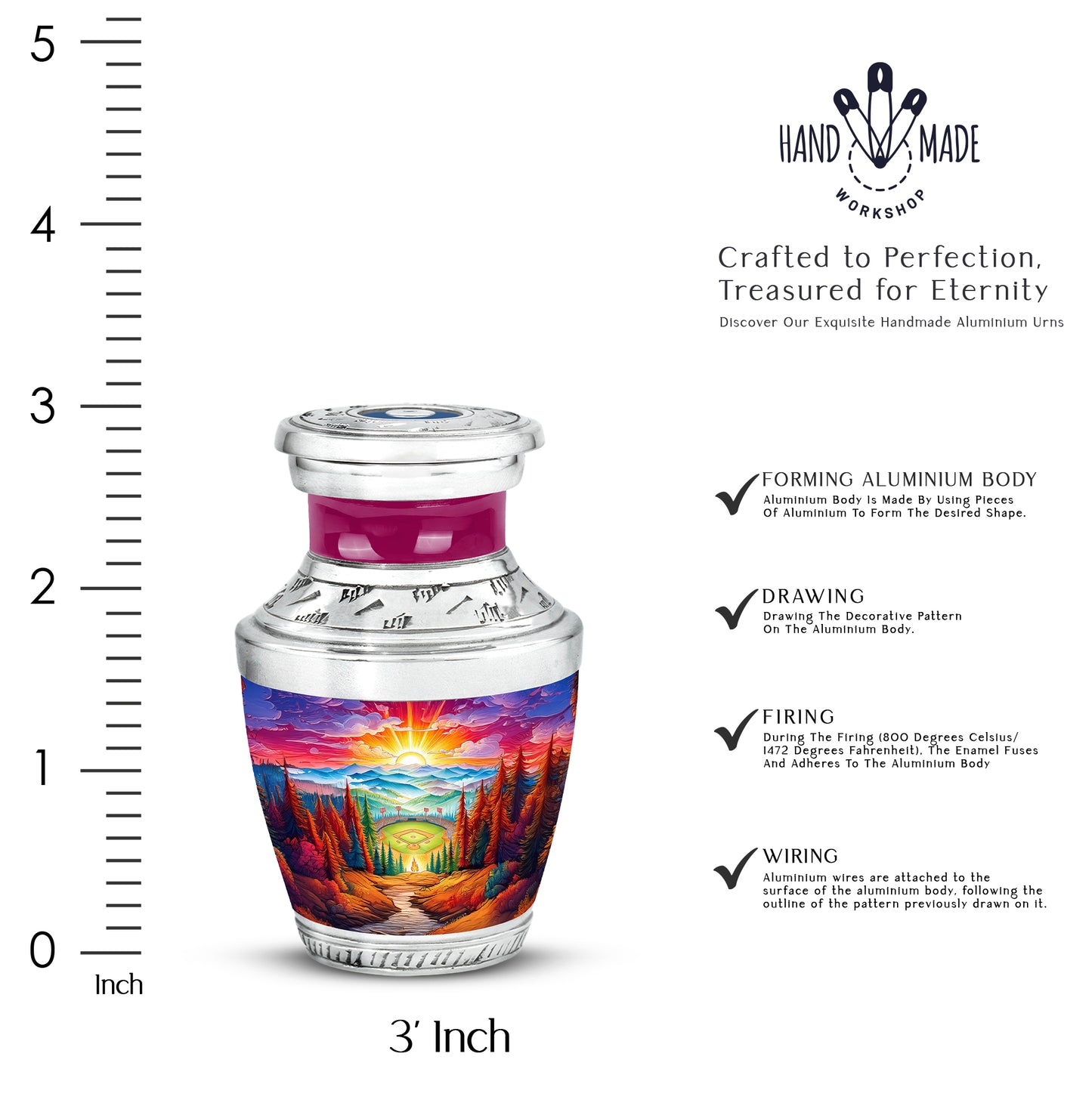 Cherry Red Baseball Cremation Urn top-down view of secure threaded lid - stylized abstract baseball pattern with bold lines - mini keepsake memorial for portion of cremation ashes