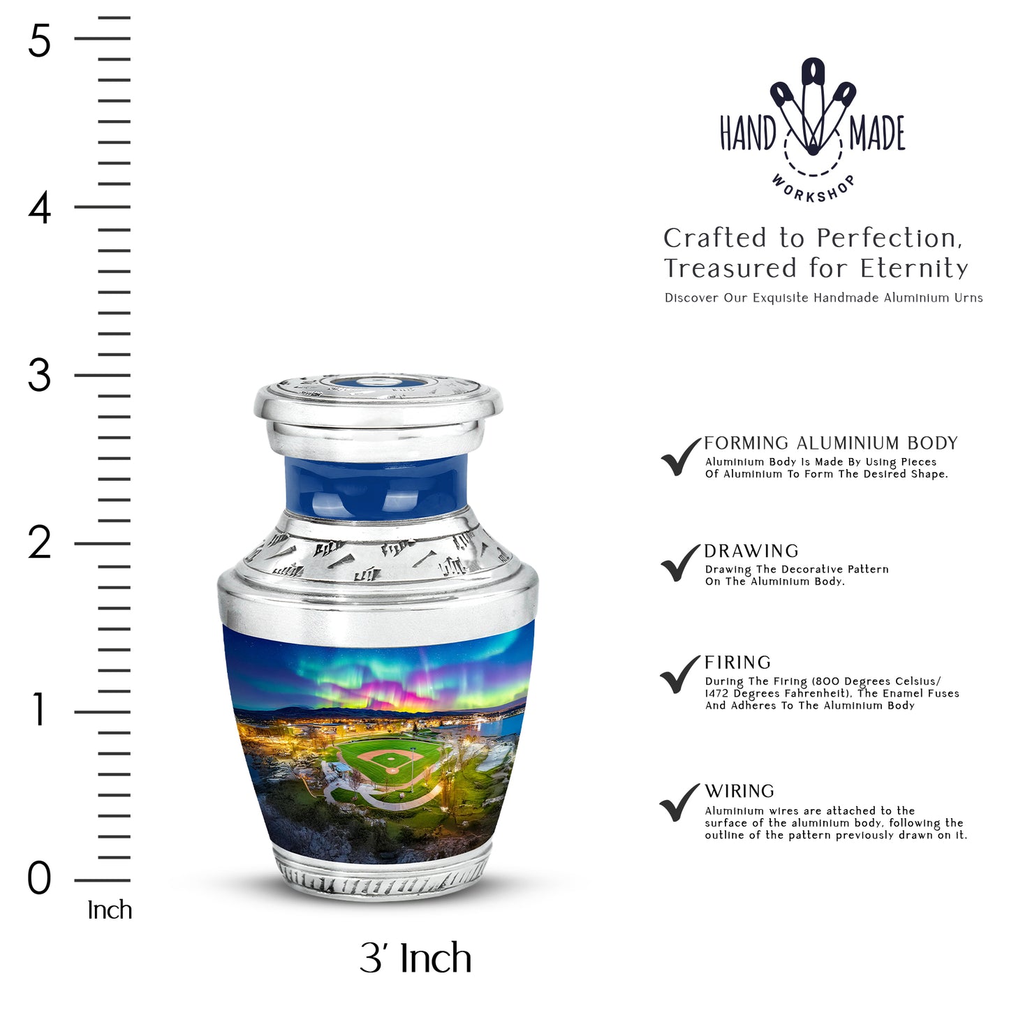 Twilight Blue Baseball Cremation Urn top-down view of secure threaded lid - stylized abstract baseball pattern with bold lines - mini keepsake memorial for portion of cremation ashes