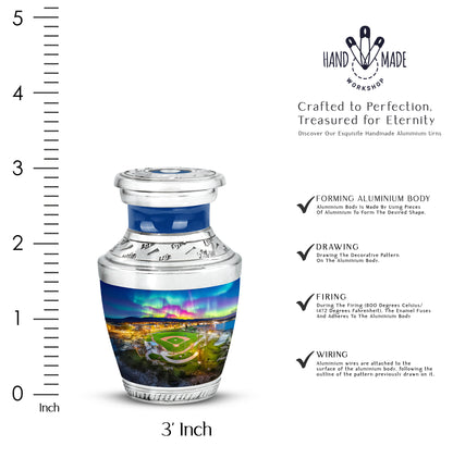 Twilight Blue Baseball Cremation Urn top-down view of secure threaded lid - stylized abstract baseball pattern with bold lines - mini keepsake memorial for portion of cremation ashes