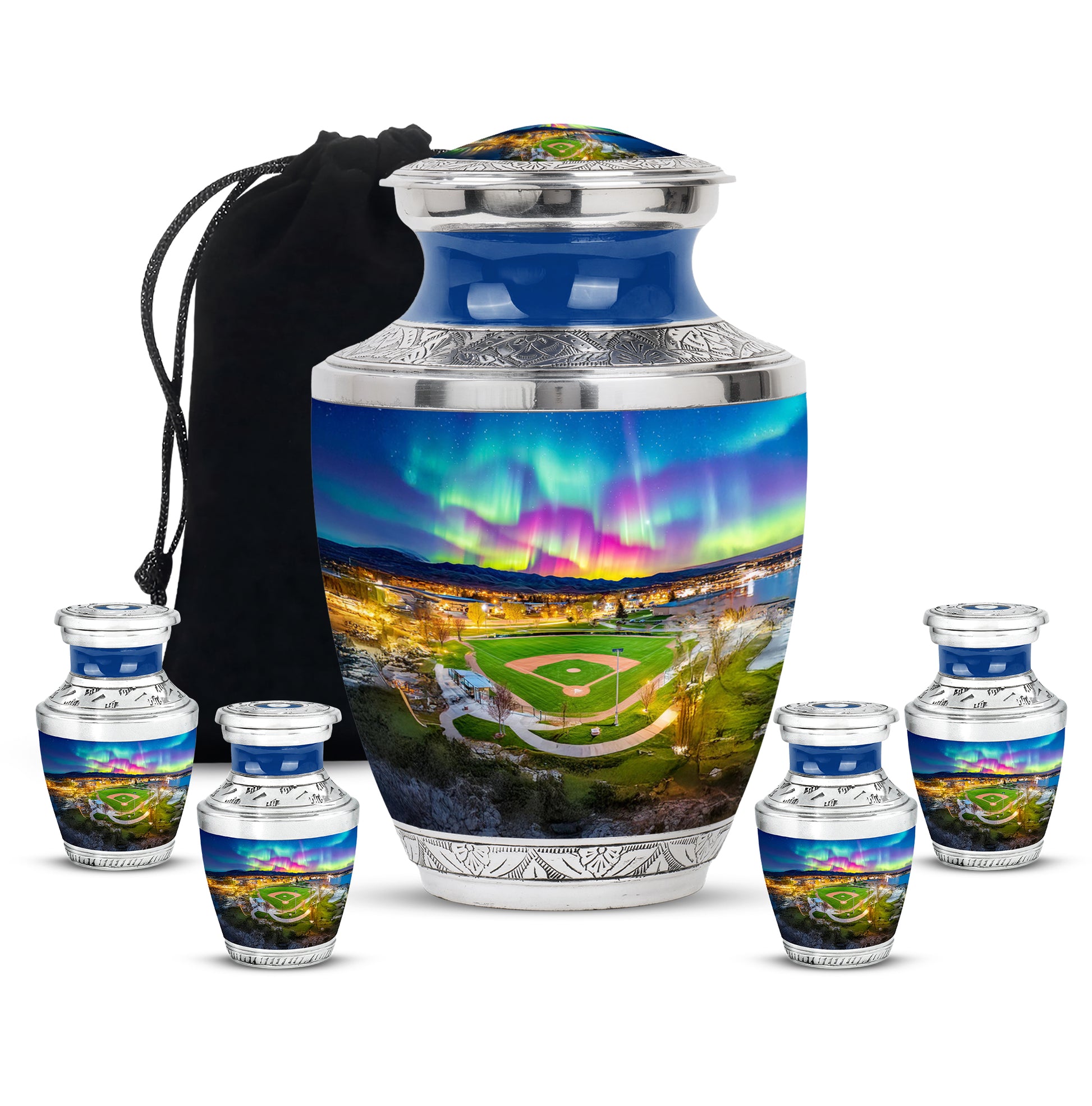 Royal Blue Baseball Cremation Urn lifestyle display on memorial shelf - artistic baseball interpretation with creative detail - memorial set with one large and four small urns