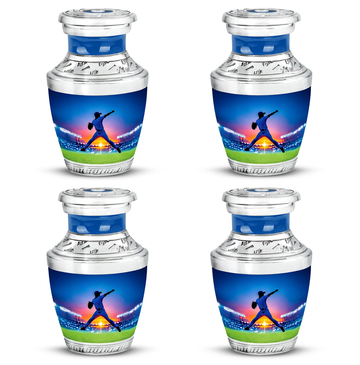 Sky Blue Baseball Cremation Urn back view with polished surface - contemporary baseball design with modern artistic flair - 10 inch aluminum urn for cremated remains