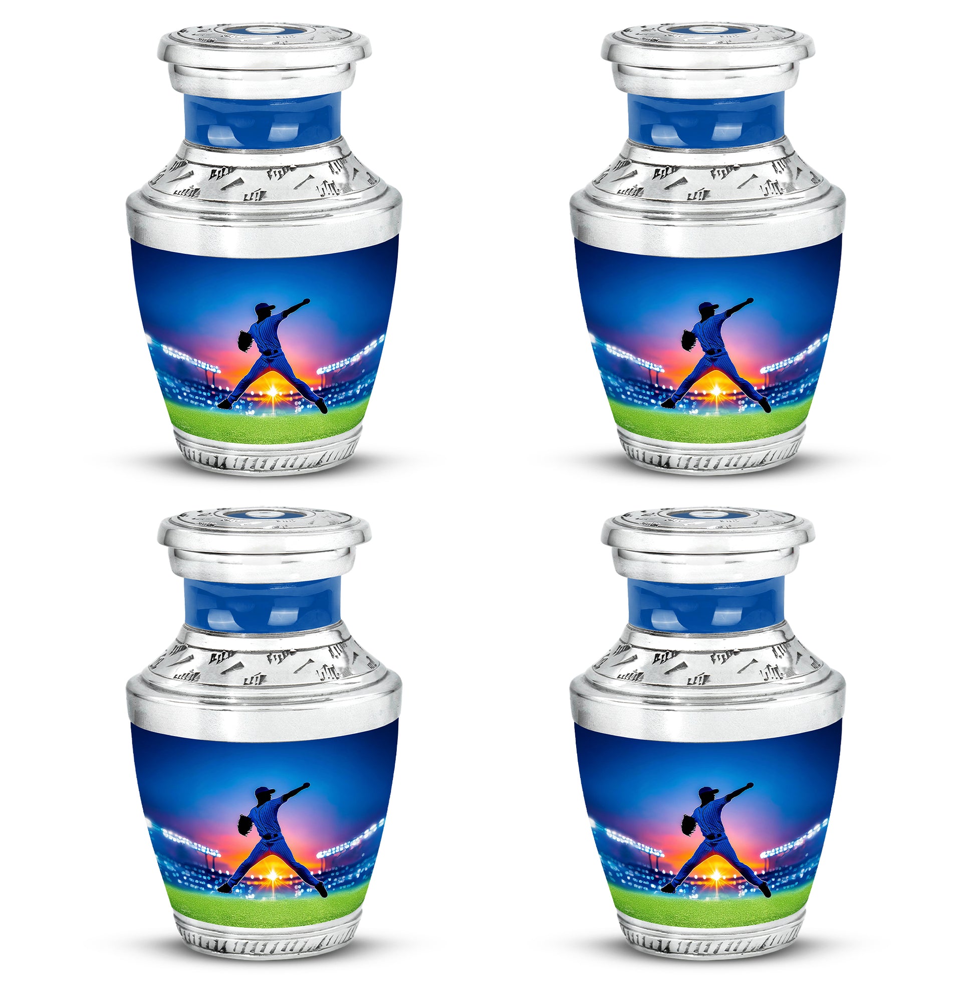 Sky Blue Baseball Cremation Urn back view with polished surface - contemporary baseball design with modern artistic flair - 10 inch aluminum urn for cremated remains
