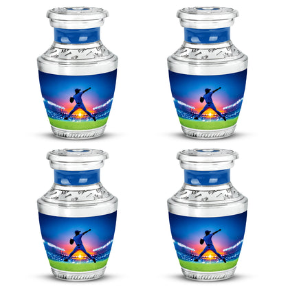 Sky Blue Baseball Cremation Urn back view with polished surface - contemporary baseball design with modern artistic flair - 10 inch aluminum urn for cremated remains
