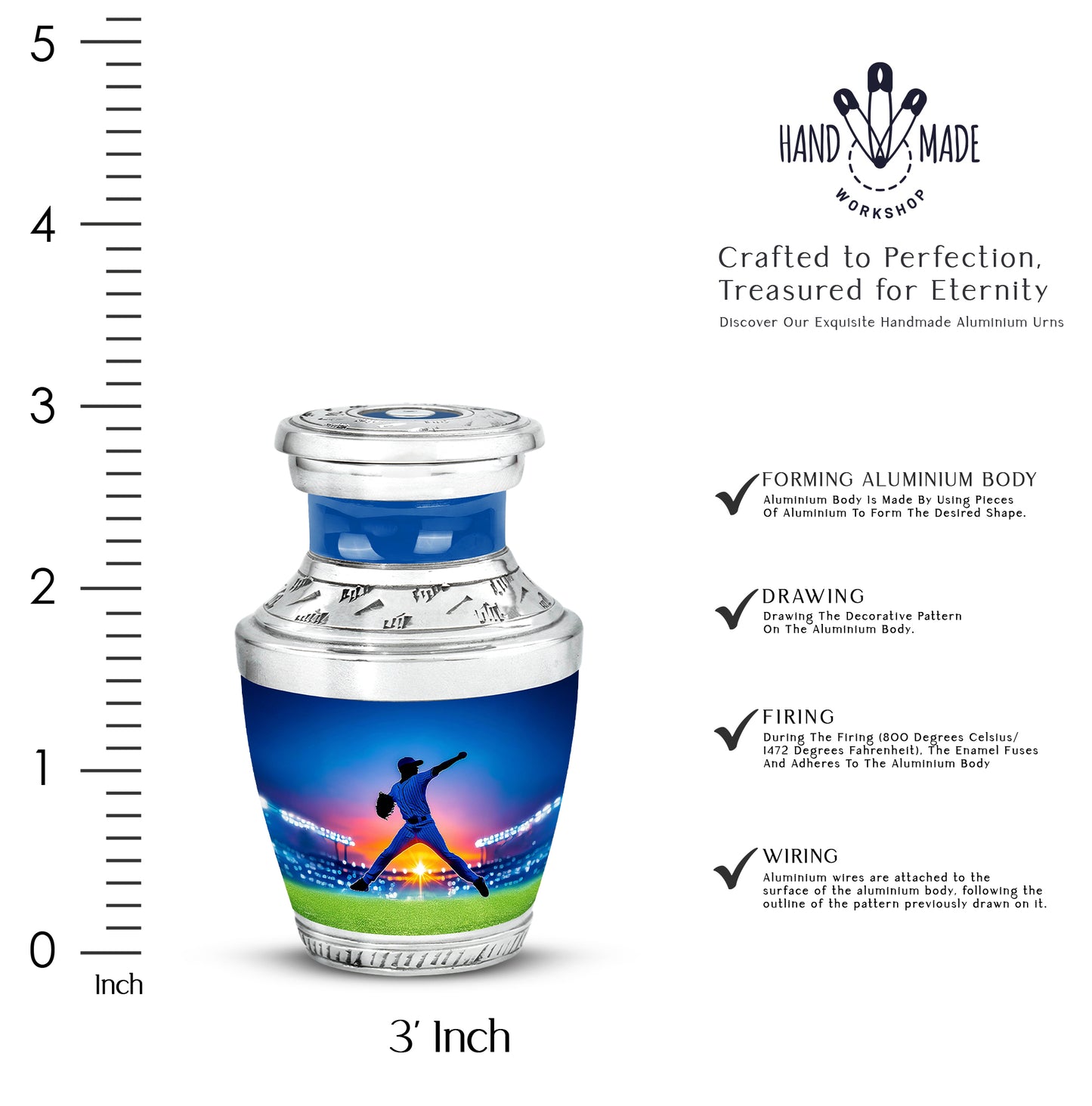 Celestial Blue Baseball Cremation Urn top-down view of secure threaded lid - modern art-inspired baseball motif on sleek aluminum - mini keepsake memorial for portion of cremation ashes