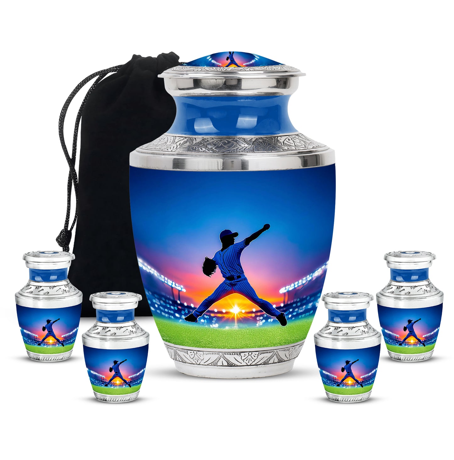 Pastel Blue Baseball Cremation Urn lifestyle display on memorial shelf - contemporary baseball design with modern artistic flair - memorial set with one large and four small urns