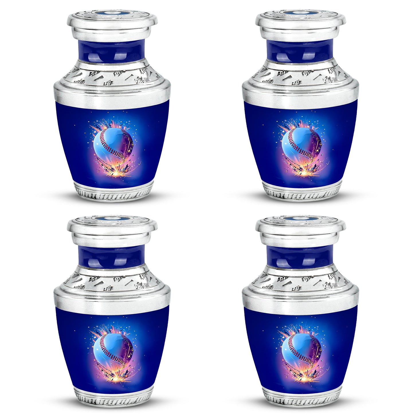 Bright Blue Baseball Cremation Urn back view with polished surface - artistic baseball interpretation with creative detail - 10 inch aluminum urn for cremated remains