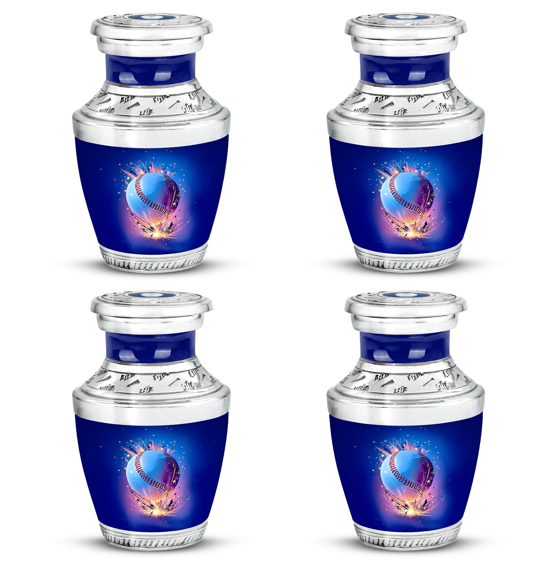 Bright Blue Baseball Cremation Urn back view with polished surface - artistic baseball interpretation with creative detail - 10 inch aluminum urn for cremated remains