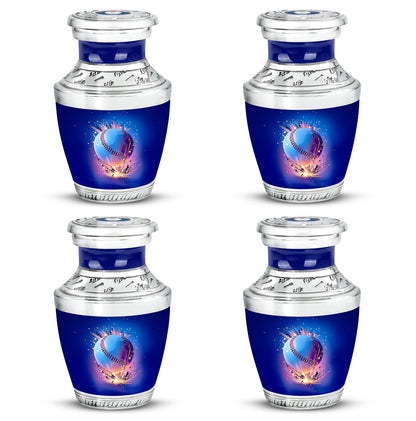 Bright Blue Baseball Cremation Urn back view with polished surface - artistic baseball interpretation with creative detail - 10 inch aluminum urn for cremated remains