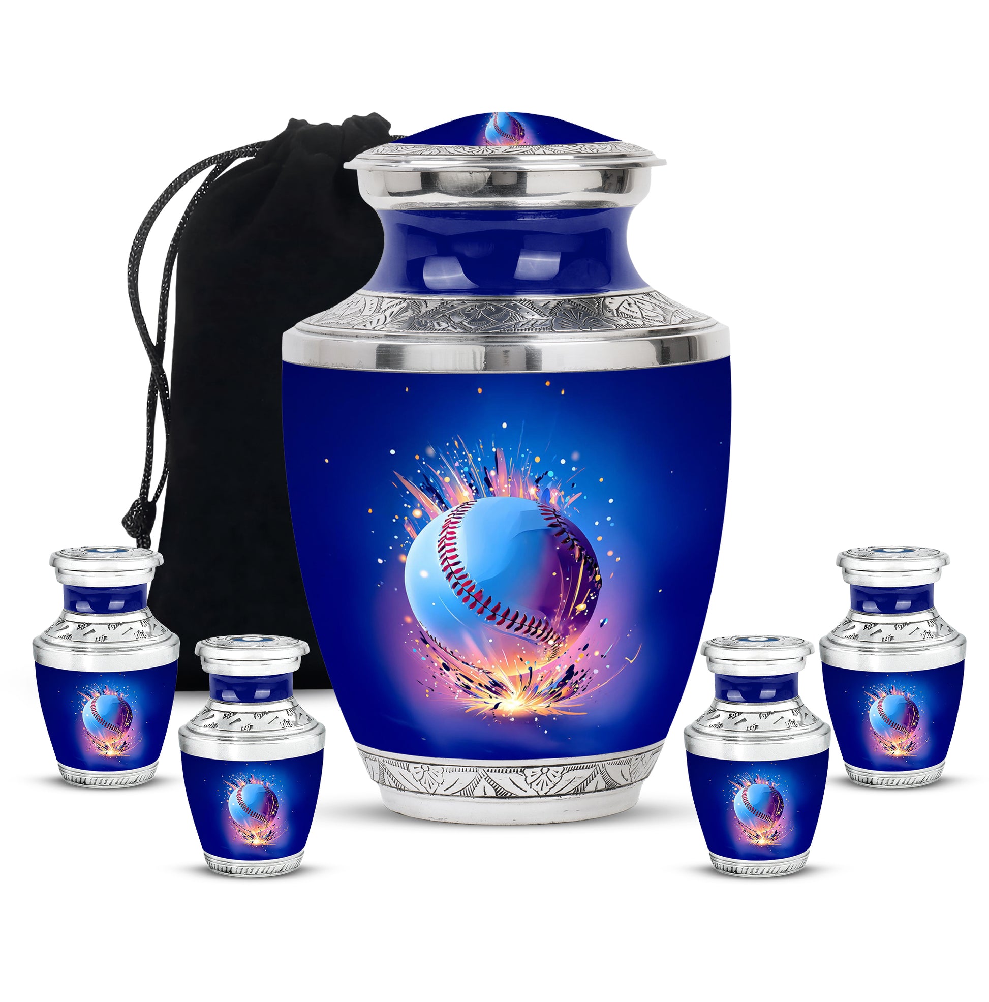Pastel Blue Baseball Cremation Urn lifestyle display on memorial shelf - contemporary baseball design with modern artistic flair - memorial set with one large and four small urns