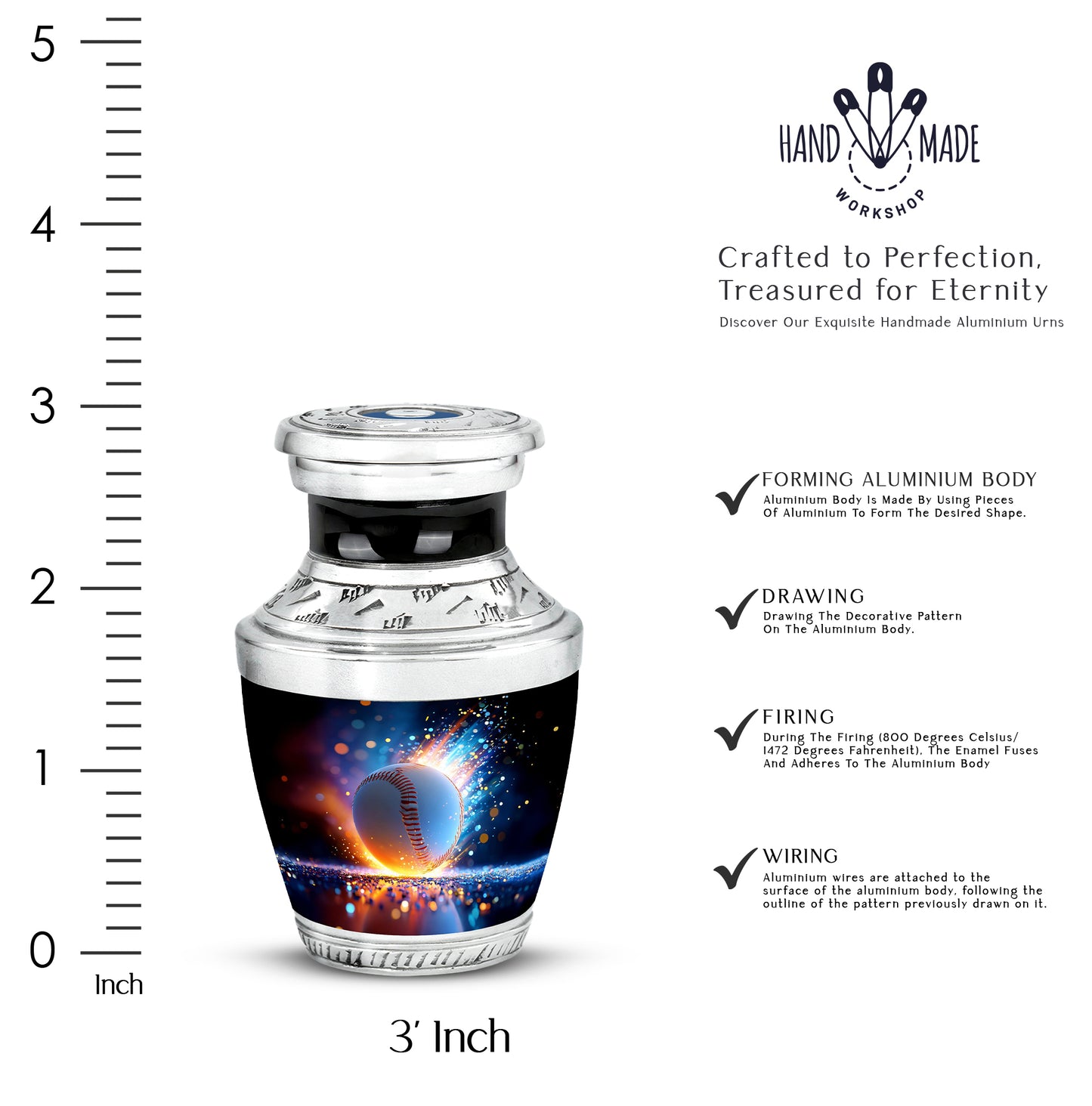 Vivid Blue Baseball Cremation Urn top-down view of secure threaded lid - stylized abstract baseball pattern with bold lines - mini keepsake memorial for portion of cremation ashes