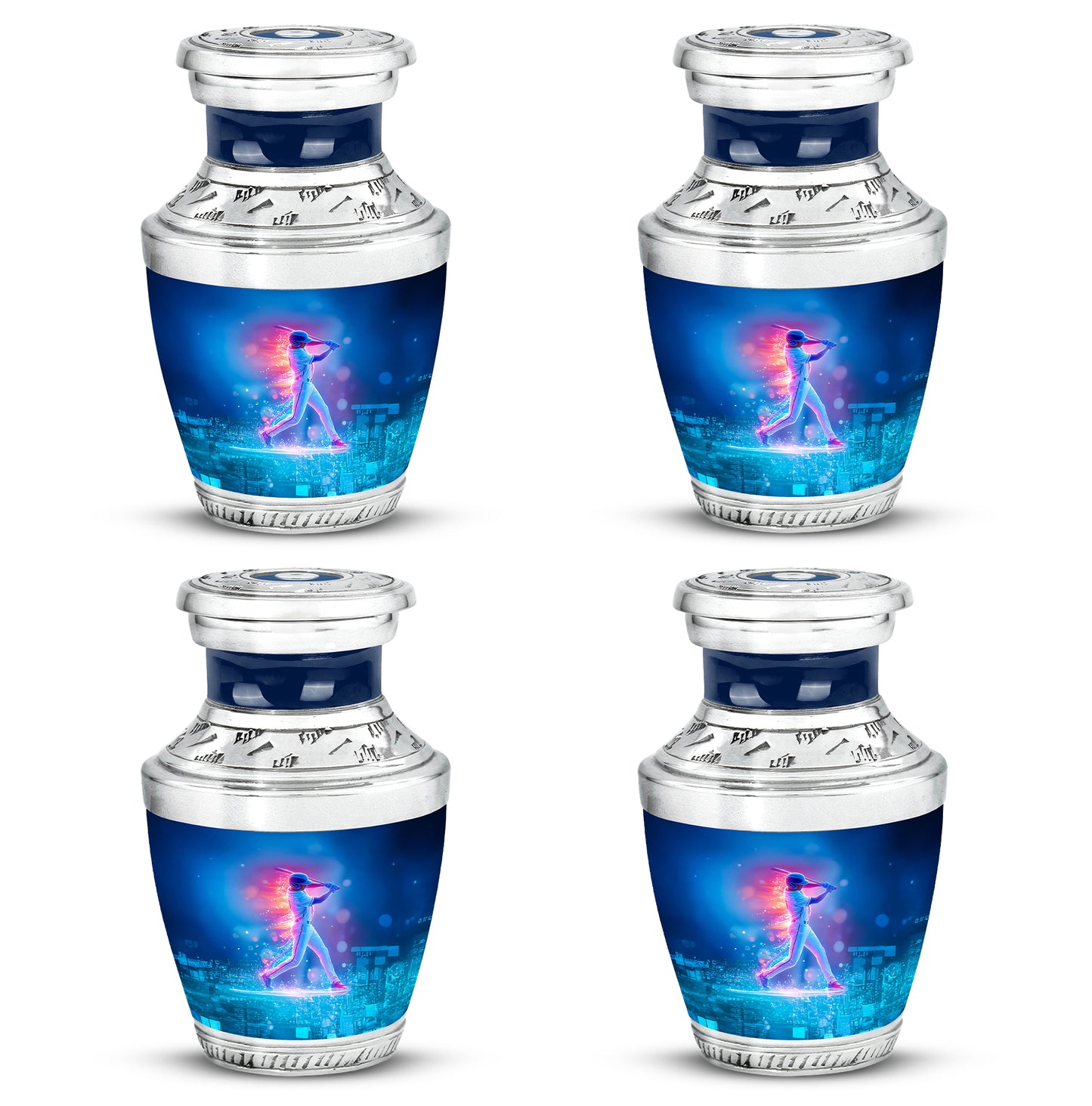 Steel Blue Baseball Cremation Urn back view with polished surface - artistic baseball interpretation with creative detail - 10 inch aluminum urn for cremated remains