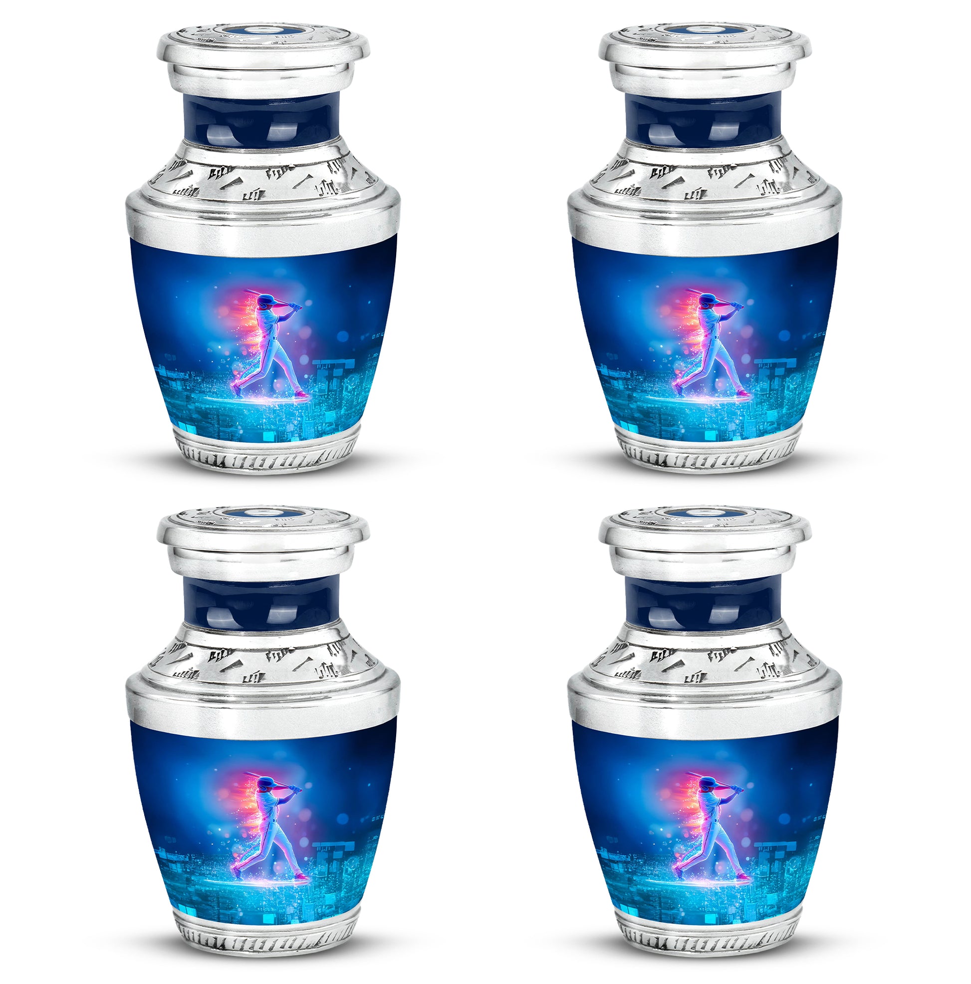 Steel Blue Baseball Cremation Urn back view with polished surface - artistic baseball interpretation with creative detail - 10 inch aluminum urn for cremated remains