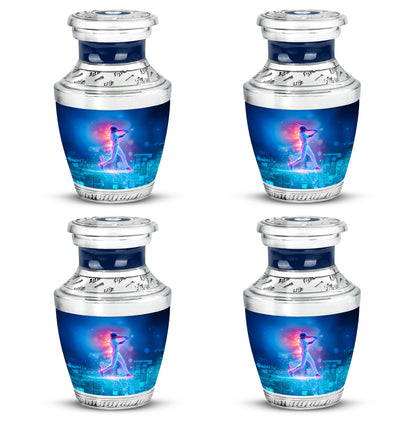 Steel Blue Baseball Cremation Urn back view with polished surface - artistic baseball interpretation with creative detail - 10 inch aluminum urn for cremated remains